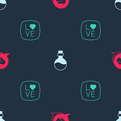Set Heart in speech bubble, Bottle with love potion and Love text on seamless pattern. Vector