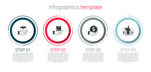 Set Hand holding briefcase, Delivery insurance, Money with shield and Car accident. Business infographic template. Vector