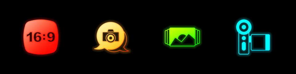 Set Photo frame 16, camera, and Cinema icon. Vector