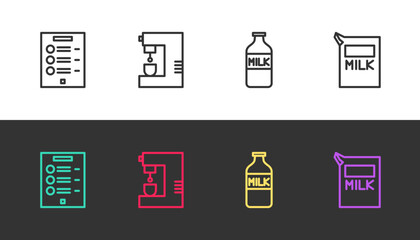 Set line Coffee menu, machine, Bottle with milk and Paper package for on black and white. Vector