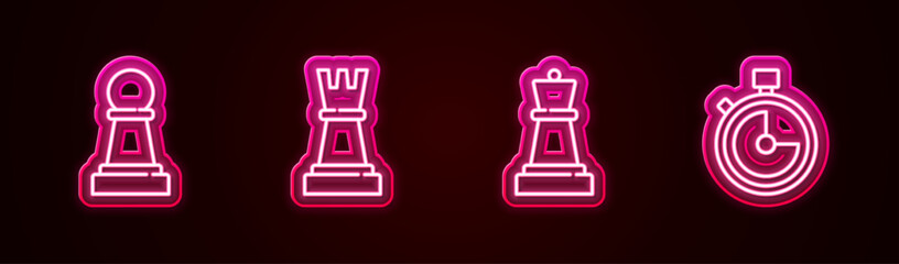 Set line Chess, , and Stopwatch. Glowing neon icon. Vector