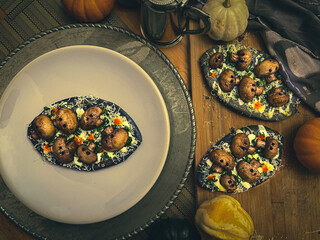 Skull mushroom Mexican Tlacoyos to celebrate the dinner of dead day