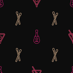 Set line Triangle, Drum sticks and Guitar on seamless pattern. Vector