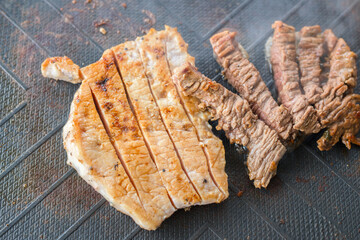 Cooked beef steak, Roast beef on metal sheet