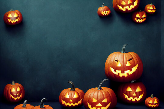 Halloween black background with space for text, orange pumpkins