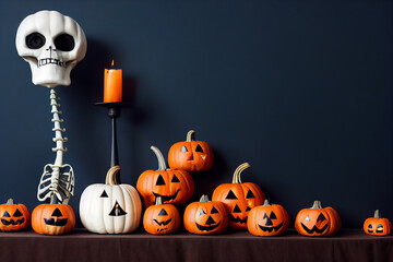 3d interior decoration of pumpkins and skeleton halloween,