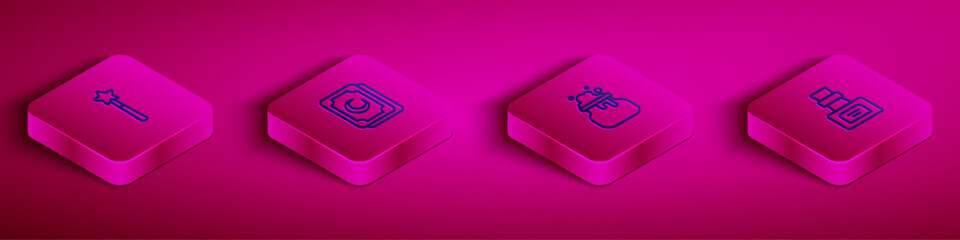 Set Isometric line Magic wand, Tarot cards, Witch cauldron and Bottle with potion icon. Vector