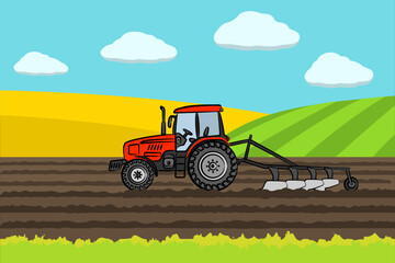 Obraz premium The red tractor on the field. Tractor plowing the field on rural farm landscape hill background. Soil cultivation process. Country side landscape. Farmland vector illustration.