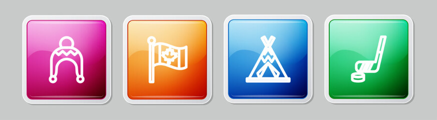 Set line Winter hat, Flag of Canada, Indian teepee or wigwam and Ice hockey stick and puck. Colorful square button. Vector © Kostiantyn