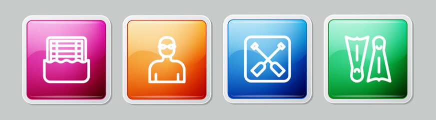 Set line Water polo, Swimmer, Paddle and Flippers for swimming. Colorful square button. Vector