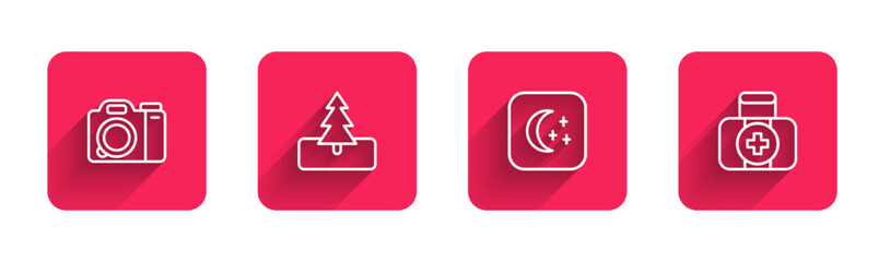 Set line Photo camera, Tree, Moon and stars and First aid kit with long shadow. Red square button. Vector