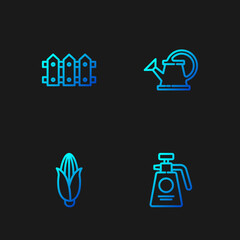 Set line Garden sprayer for fertilizer, Corn, fence wooden and Watering can. Gradient color icons. Vector