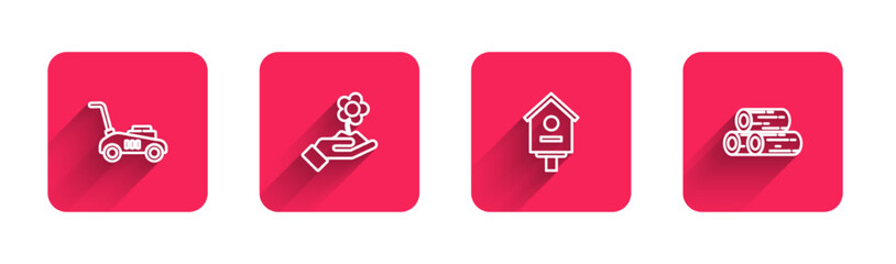 Set line Lawn mower, Hand holding flower, Bird house and Wooden logs with long shadow. Red square button. Vector
