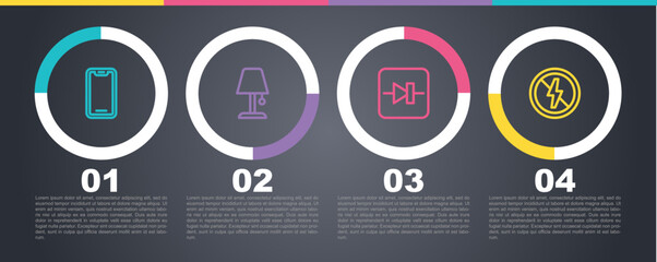 Set line Mobile phone, Table lamp, Diode in electronic circuit and No lightning. Business infographic template. Vector