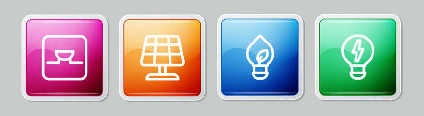 Set line Buzzer in electronic circuit, Solar energy panel, Light bulb with leaf and Creative lamp light idea. Colorful square button. Vector