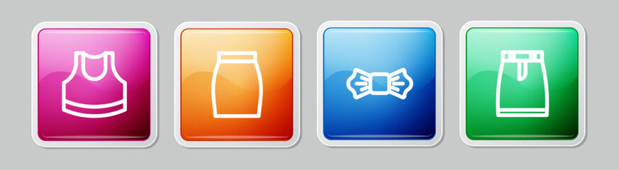 Set line Female crop top, Skirt, Bow tie and . Colorful square button. Vector