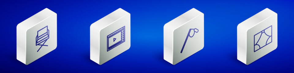 Set Isometric line Director movie chair, Online play video, Microphone and Curtain icon. Vector