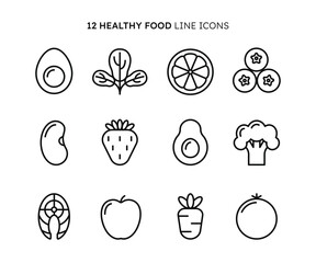 Healthy Food Line Icon Set. Linear black icons of fresh organic natural food.