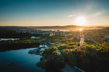 Poster Im Rahmen Aerial view of Murmansk in the summer. City beyond the Arctic Circle. Polar day © Alexey Oblov
