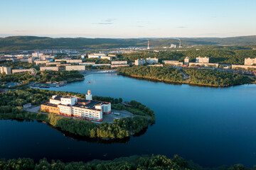 Fototapeta premium Aerial view of Murmansk in the summer. City beyond the Arctic Circle. Polar day