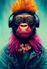 Porträt eines Punkaffen. Monkey-Rock-Musiker. Hipster-Affe mit Punkfrisur. 3D-Rendering © designprojects