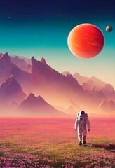 An astronaut in a spacesuit walks around an alien planet and explores its surface. The concept of space travel and colonization. 3D rendering