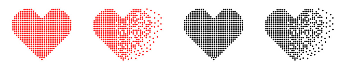 Set of dots hearts vector icons. Disintegrated and dissolved heart. Damaged symbol love. Fractured and disappear romantic heart.