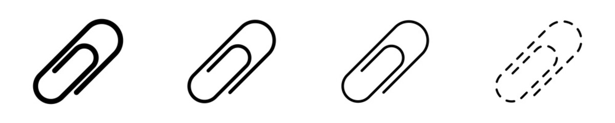 Set of paper clip vector icons. Attach document. Black fastener for documents. Office clamp.