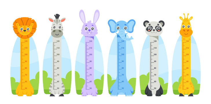 Kids Height Chart with Cute Lion, Zebra, Rabbit, Elephant, Panda, Giraffe Animals Characters. Children Growth Meter