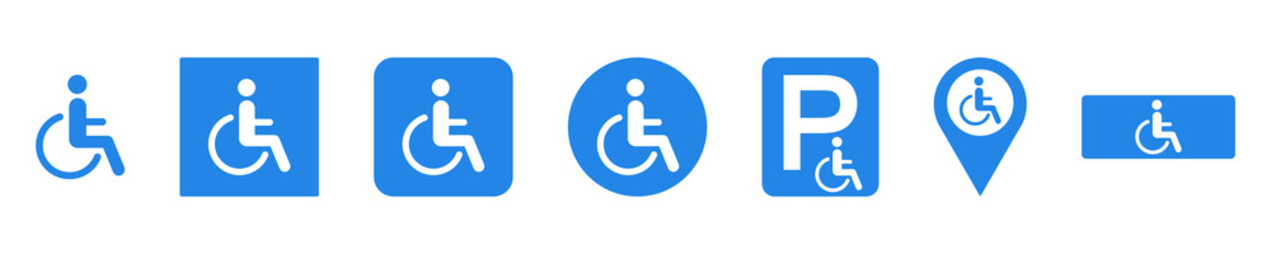 Set of blue disabled handicap vector signs on white background. Disability wheelchair. Handicapped or paralyzed person. Vector 10 EPS.