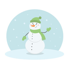 Cute cartoon snowman with hat, scarf and mittens. Vector illustration