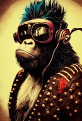 Porträt eines Punkaffen. Monkey-Rock-Musiker. Hipster-Affe mit Punkfrisur. 3D-Rendering