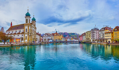 Architectural masterpieces of Altstadt, located on the banks of Reuss river in Lucerne, Switzerland