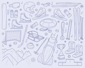 Winter sports equipment: skiing, snowboarding, sledding, clothing, hockey. Isolated vector objects. Elements of sports games in contour style, doodle.