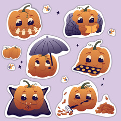 Halloween pumpkin sticker set.Cute cozy pumpkins doing their hobbies and getting ready for the holiday.