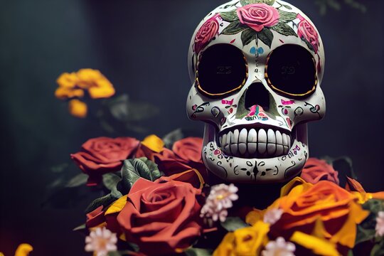 Calavera (Sugar Skull) for Dia de Los Muertos (Day of the dead) intricate and ornate style with flowers and skulls incorporated into a gorgeous design. 3D computer-generated image with photorealism