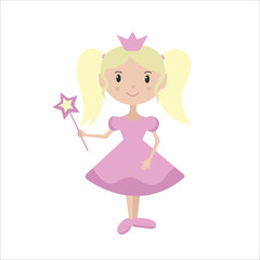 Cute little princess girl in a pink dress with blonde hair. Cartoon illustration for kids clothing. Use for print, surface design, fashion wear