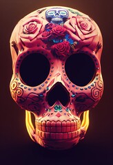 Calavera (Sugar Skull) for Dia de Los Muertos (Day of the dead) intricate and ornate style with flowers and skulls incorporated into a gorgeous design. 3D computer-generated image with photorealism