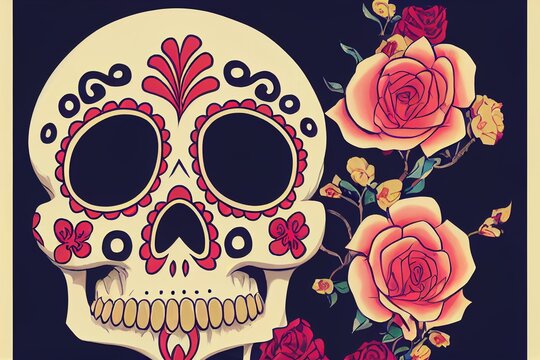 Calavera sugar skull 2D computer-generated image made to look hyperrealistic in a unique artistic style, isolated, floral skull for dia de los muertos.