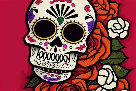 Calavera sugar skull 2D computer-generated image made to look hyperrealistic in a unique artistic style, isolated, floral skull for dia de los muertos.