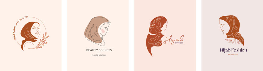 Women in hijab collection, vector logo and branding design templates in minimal style, for beauty center, fashion studio, haircut salon and cosmetics - female portrait, beautiful woman's face