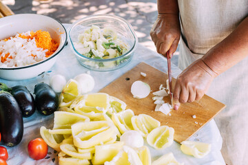 The hands of an old woman cut a salad of various fresh vegetables. Organic food, vegetarianism.