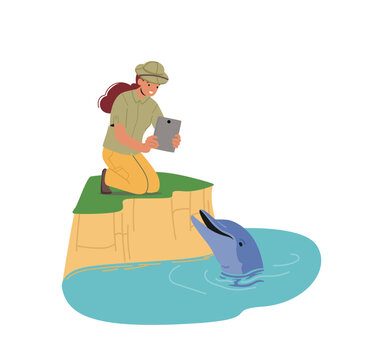 Ocean Fauna Scientist or Zoologist Female Character Photographing Dolphin on Tablet. Young Woman Ichthyologist