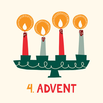 Four Burning Candles in Candle Holder Retro Scandinavian Christmas Card. Nordic Style Flat Illustration. Winter Holidays Wallpaper. Christmas Advent Vector Graphic Print