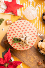 Christmas gift box on the table. Flatlay with craft gift box.