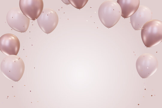 Rose gold and pink balloons. Pastel pink background.