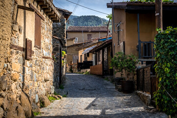Old narrow street of mauntain village Kakopetria in Cyprus