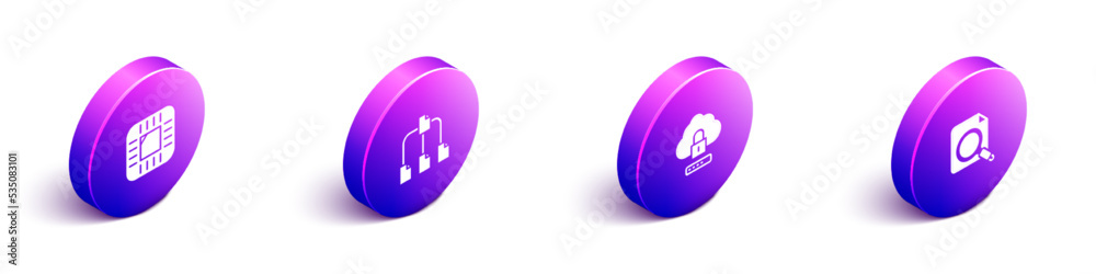 Poster set isometric processor with cpu, folder tree, cloud computing lock and search concept folder icon. 