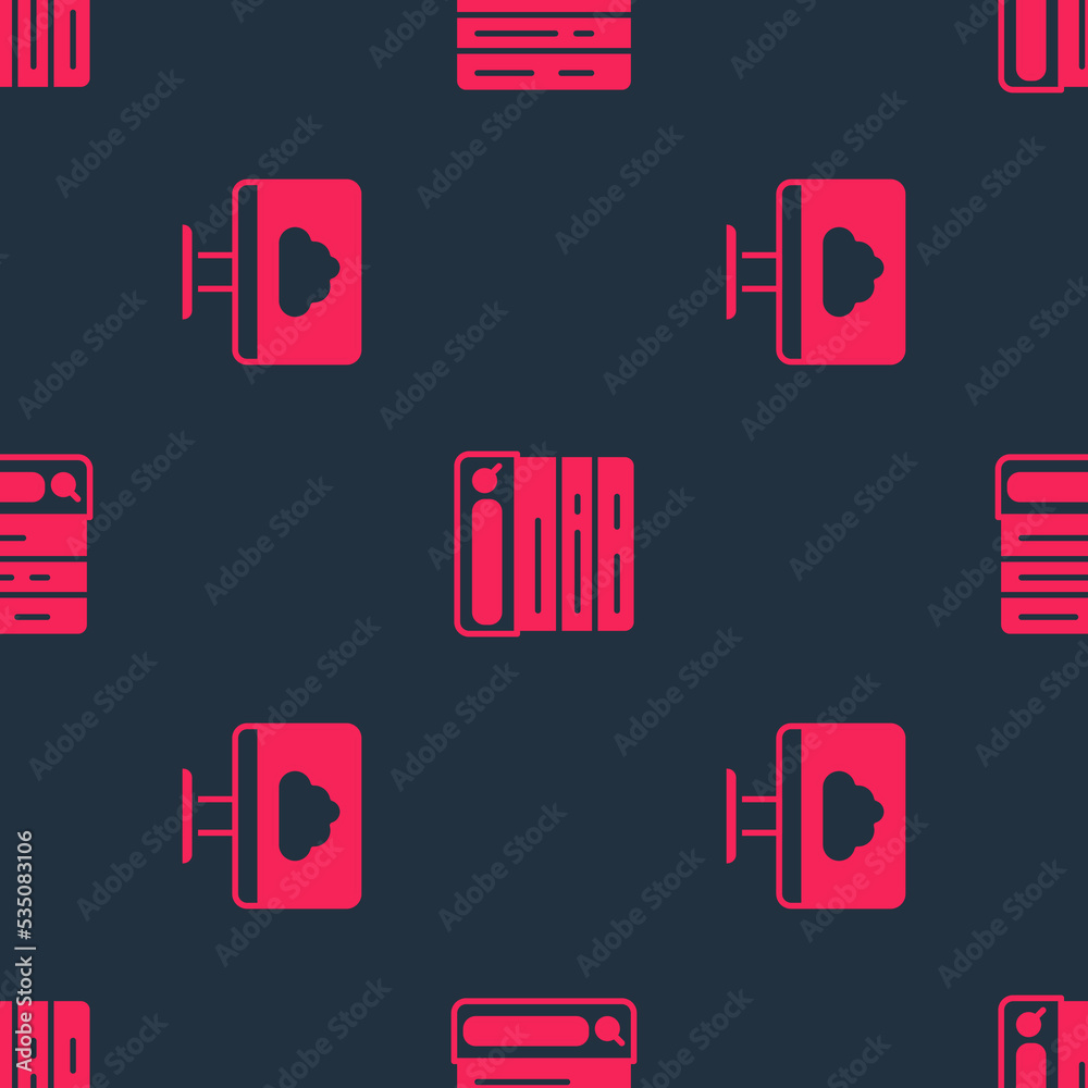 Poster set cloud technology data transfer and search engine on seamless pattern. vector