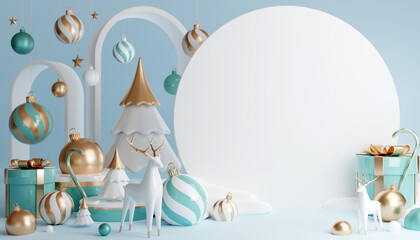 3D render cylinder podium in christmas Santa Claus and christmas tree, gift boxes, ribbon, product, perfume, promotion sale, presentation, cosmetic on background color .